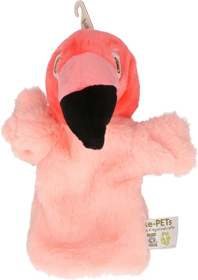 Pluche poppenkast handpop flamingo knuffel van 24 cm - Kinder speelgoed poppen van dieren/vogels