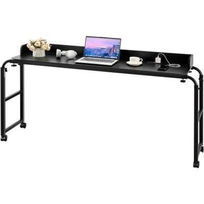 VEVOR Overbedtafel Mobiel nachtkastje met 4 wielen (2 met remmen) en stopcontact, in hoogte verstelbare laptoptafel met wielen, draagbare bedtafel van spaanplaat voor thuiskantoor, studeerkamer, zwart
