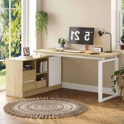 L-vormig bureau - Hoekbureau Werkplek - Efficiënt Werken - Veel Opbergruimte - 152 x 113.5 cm - Houtkleur Wit
