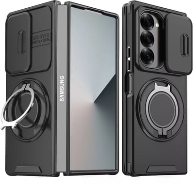 Hoesje Geschikt voor Samsung Galaxy Z Fold 6 hoesje Zwart backcover met Met Draaibare Ring Houder en camera bescherming