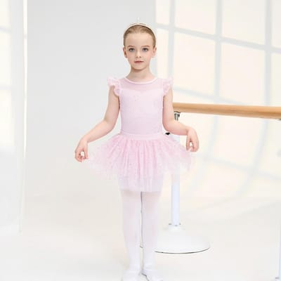 Balletoutfit voor Meisjes met Rimpel Mouwen en Rok - Danskostuum voor 3-10 Jaar - Shiny Balletjurk voor Danslessen en Voorstellingen