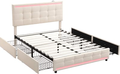 Merax Gestoffeerd Bed 140x200 cm met LED Verlichting - 4 Schuifladen en 2 USB Laadstations - Beige Linnen