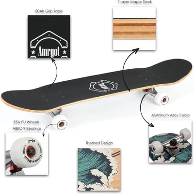 Skateboards for Beginners, 80 x 20 cm, Complete Skateboards for Children, Boys, Girls and Adults, 7-Ply Maple Wood, Double Kick Deck Concave Standard and Tricks Skateboard
