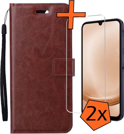 Hoes - Met 2x Screenprotector - Geschikt voor Samsung Galaxy A25 - Luxe Pasjeshouder - Bookcase Portemonee - Flip Case - Kunstleer Book Case - Flipcase Hoes - Book Cover - Walletcase - PortemonneeHoes - Bruin