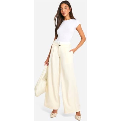 boohoo Dames Op maat gemaakte broek met contrasterende tailleband en rechte pijpen | Bone | Maat: 6
