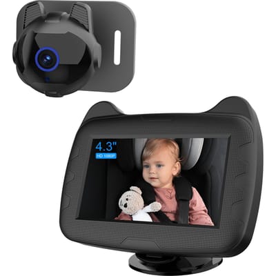 Miroir de voiture pour bébé avec écran 4,3  Fonction Vision Nocturne, Caméra de siège auto de sécurité 1080P avec Vue Large Cristalline,