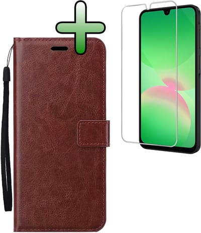 Hoesje Met Screenprotector - Geschikt voor Samsung Galaxy A26 - Luxe Pasjeshouder - Bookcase Portemonee - Flip Case - Kunstleer Book Case - Flipcase - Book Cover - Walletcase - Portemonneehoes - Bruin