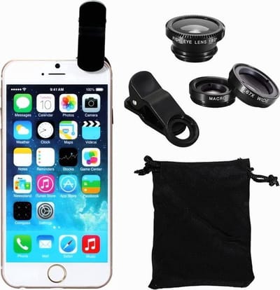 New Age Devi - 3-in-1 zwarte universele lens clip - Fish eye, 0,67x wide en macro lens - voor elke smartphone met handig opbergzakje!