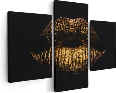 Artaza Canvas Schilderij Drieluik Gouden Lippen - 90x60 - Foto Op Canvas - Canvas Print