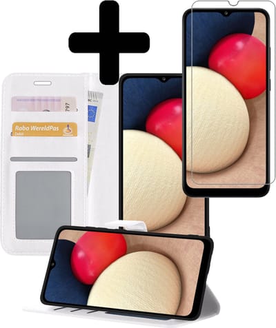Hoesje - Met Screenprotector - Geschikt voor Samsung Galaxy A02s - Luxe Pasjeshouder - Bookcase Portemonee - Flip Case - Kunstleer Book Case - Flipcase - Book Cover - Walletcase - Portemonneehoes - Telefoonhoesjes - Wit