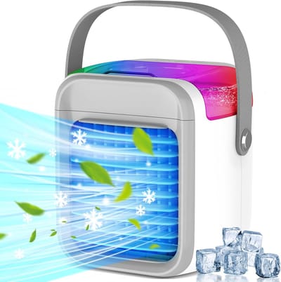 Draagbare luchtkoeler, 7 kleuren mini-airconditioner met 3 luchtsnelheden en USB-oplaadpoort, 300 ml 3-in-1 luchtkoeler, draadloze persoonlijke luchtkoeler met handvat voor kamer, kantoor en reizen
