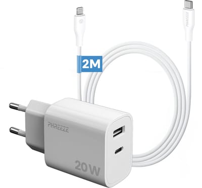 Phreeze usb C adapter 20w met kabel geschikt voor iPhone en iPad met Lightning kabel 2m - Power Delivery snellader met 2 poorten