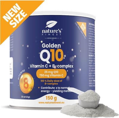 Nature's Finest Golden Q10 Poeder 150 g – Met Co-enzym Q10, Vitamine C & B-complex – Voor Energie, Immuunsysteem & Celbescherming – Vegan, Zonder Suiker, Heerlijke Sinaasappelsmaak