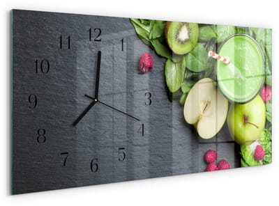 Tulup Wandklok - Fruitsmoothie Gekleurde Glazen Klok - 60x30 cm - Groente Glazen Klok Met Print - Zwarte Handen - Rechthoekige Wandklok - Glazen Klok Met Print - Wandklok Glas Met Motief