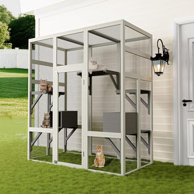 2-in-1 Walk-in Catio – Kattenverblijf voor buiten – Groot houten kattenhuis – Waterdicht dak – 5 platforms – 2 rustbakken – 160 x 82 x 178 cm