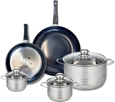 Set van 2 Koekenpannen 24 en 28 cm en 3 Kookpotten 12, 14 en 24 cm Elo Prima Glanzend