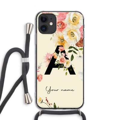 Gepersonaliseerd - Case Company® - Hoesje met koord geschikt voor iPhone 11 hoesje met Koord - Flirty Flowers Monogram - Telefoonhoesje met Zwart Koord - Extra Bescherming aan alle Kanten en Over de Schermrand