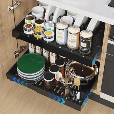 Uitbreidbare kastorganizer met kleefoppervlak - 53 cm diepe laden voor keukenonderkasten, 8 servieshouders