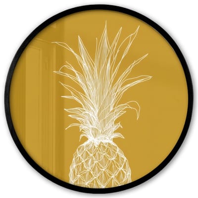 Poster in lijst Rond - Fotolijst 40x40 cm - Posters - Lijnillustratie - Ananas - Bladkroon - Okergeel - Ronde posterlijst zwart - Decoratie - Wanddecoratie woonkamer - Muurdecoratie slaapkamer