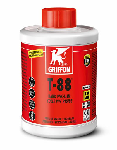 Griffon T-88 PVC-lijm - 500 ml - THF-vrij snel vloeibaar voor hard PVC leidingen en fittingen