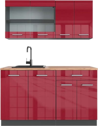 Vicco R-Line Eenpersoonskeuken – 140 cm, WB Eik Rood hoogglans/antraciet