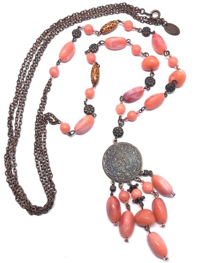 Behave - Lange ketting dames - Munt hanger zalmroze - Vintage stijl
