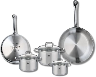 Set van 2 Koekenpannen 24 en 28 cm en 3 kookpotten 12, 14 en 16 cm Elo Profi Citrin