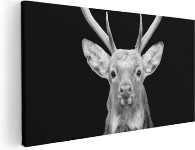 Artaza Canvas Schilderij Hertenkop - 40x20 cm - Klein - Wanddecoratie Hert - Muurdecoratie Gewei - Zwart Wit