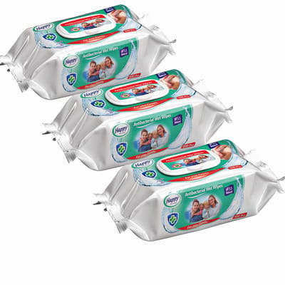 Happy Wet Wipes Antibacteriële vochtige doekjes 3 x 100 doekjes, pH gebalanceerd 5.5. Voordeelverpakking. Desinfectie doekjes, Desinfecterende doekjes, Alcoholvrije doekjes, Hygiënische doekjes, Huidvriendelijk antibacteriële doekjes, Parabeen vrij