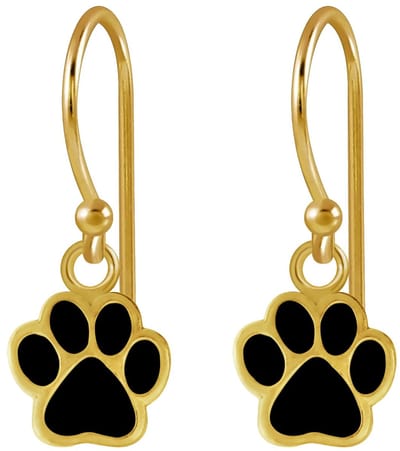 Joy|S - Zilveren kat hond dierenpoot oorbellen - zwart - oorhangers - gold plated