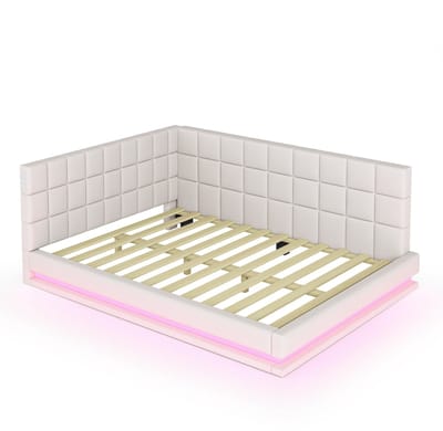COVREO Slaapbank met LED en USB – 140x200 cm – Gestoffeerd bed met lattenbodem – Tweepersoons voor slaapkamer – Beige - zonder matras