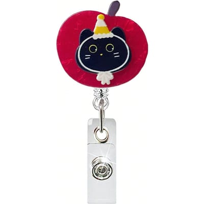 Porte-badge rétractable en acrylique, Design mignon pomme rouge et chat noir, Convient au personnel médical, Porte-cartes d'identité/Badges A