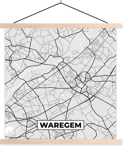 Posterhanger incl. Poster 40x40 cm - Schoolplaat - Plattegrond – Waregem – Zwart Wit – Stadskaart - Kaart - Textielposter - Blanke latten - Stadskaart
