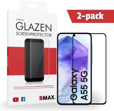 2-pack BMAX Screenprotector geschikt voor Samsung Galaxy A55 5G - Full Cover gehard glas - Samsung screenprotectors - Telefoonaccessoires - Telefonie & Accessoires - Beschermglas - Glas screenprotectors - Zwart