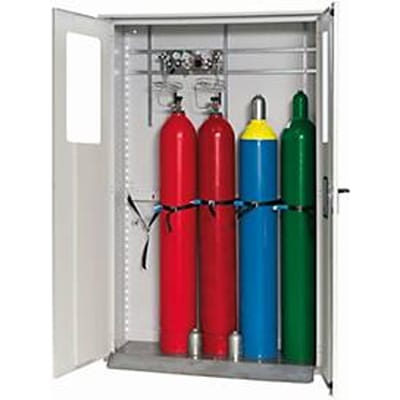 Gasflessenkast G-OD Standaard, dubbele deur, vaste glasuitsparing, 5x 50 l-cilinders, B 1356 x D 400 x H 2149 mm
