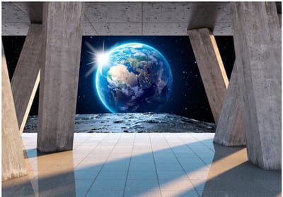 Fotobehangkoning - Behang - Vliesbehang - Fotobehang Uitzicht op Planeet Aarde vanaf de Maan 3D - 300 x 210 cm