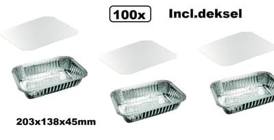 100x Aluminium bakje met deksel 850 ml 203x138x45mm - Lasagna shoarma kapsalon take away food maaltijd BBQ festival thema feest
