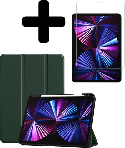 Hoesje - Geschikt voor Apple iPad Pro (2021) - 11 inch - 3e generatie - Met Screenprotector - Trifold Bookcase Hoes - Hard Cover Case - Met Uitsparing Geschikt voor Apple Pencil - Hardcover Book - Tablethoes - Donkergroen