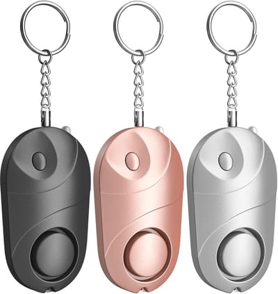 3-pack persoonlijke veiligheidsalarmen met led-lampjes - compacte noodsleutelhanger voor kinderen, vrouwen en ouderen, ter voorkoming van criminaliteit, persoonlijk alarm,Zwart + zilver + roségoud