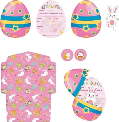 Paaseierenjacht Uitnodigingen - Feestkaarten Konijn - Paasfeest Organiseren - Compleet met Enveloppen - 12 x 15 cm - Meerkleurig