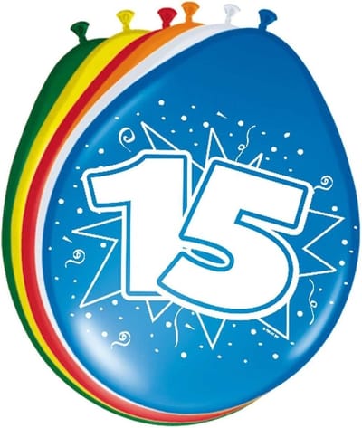 Ballonnen 15 jaar - 8x stuks - gekleurd - 30 cm - versiering - 15e verjaardag - leeftijd feestballonnen