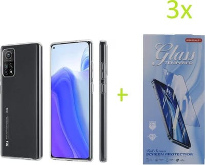 Hoesje Geschikt voor: Xiaomi Mi 10T / Mi 10T Pro 5G Hoesje Transparant TPU Silicone Soft Case + 3X Tempered Glass Screenprotector