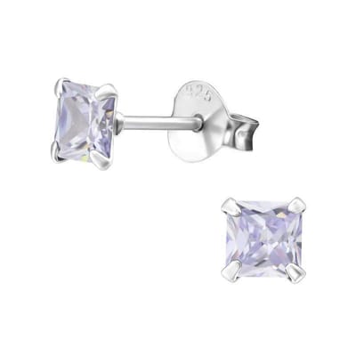 Aramat Jewels | Oorbellen | 925 Zilveren Vierkante Zirkonia Oorbellen 4-8mm - Princess Cut Studs | 4mm / Lila | | | Zilver | Kinderen, Volwassenen | Verkleurd niet