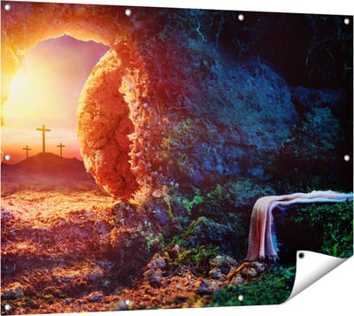Gards Tuinposter Kruisiging bij Zonsopgang - Opstanding Jezus - 120x90 cm - Tuindoek - Tuindecoratie - Wanddecoratie buiten - Tuinschilderij