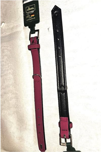 Hunter leiband 110 cm x 18 mm ++ halsband - veggie leather - zachte binnenkant - dubbel - gestikt strawberry/black - 30 cm x 2 cm - nek 19-25 cm XS