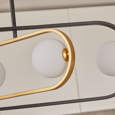 LumenXL 4-lichts design hanglamp Gaio - zwart - goud - melkwit glas