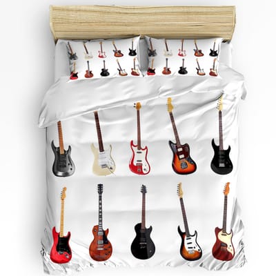 Gitaar Beddengoed Set Voor Slaapkamer Bed Thuis Muziekinstrumenten Set Patroon met Diverse Akoestische Dekbedovertrek Quiltovertrek Kussensloop 150x200cm 3pcs