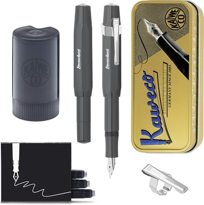 Kaweco - Cadeauset - (5delig) - Vulpen Sport Skyline Grijs Fountain Pen - Extra Breed - Oktogonal Clip Chrome -  Patronen houder zwart - Vullingen