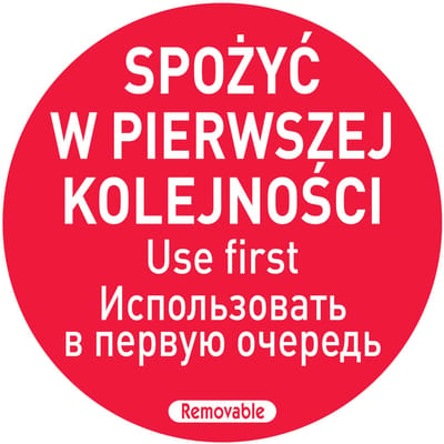 Voedselveiligheidsstickers  eerst gebruiken  PL RU EN 500 stuks Hendi 850152