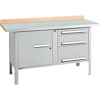 Box-type werkbank Schäfer Shop Select PWi 150-7, beuken multiplex blad, met stalen afdekking, tot 750 kg, B 1500 x D 700 x H 840 mm, blank aluminium